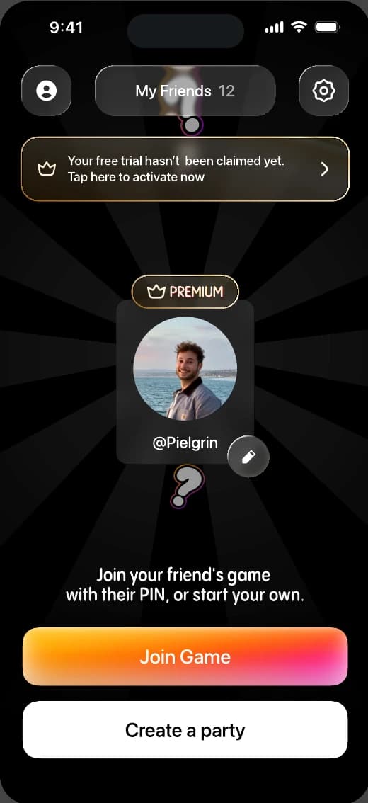 WhoLiked app home screen with your profile, Join Game and Create a party buttons