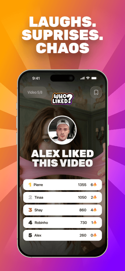 WhoLiked? screenshot: the reveal 'Alex liked this video' with the leaderboard